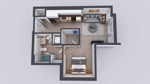 A 3D rendered image of a house layout.
